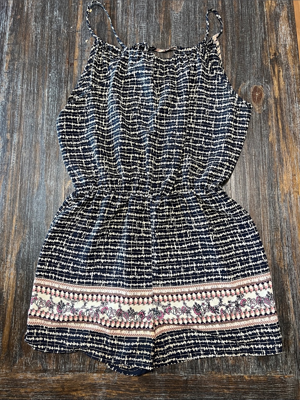 Noble U Navy and White Patterned Romper with Embroidered Hem